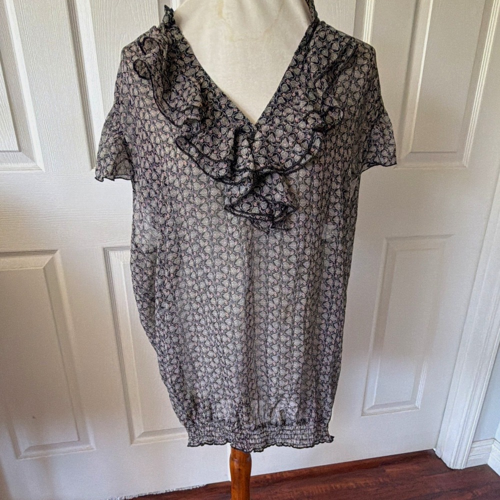 Women 4X 28/30 Sheer Floral Blouse Ruffle Flutter Sleeve Smocked Hem Pure Energy